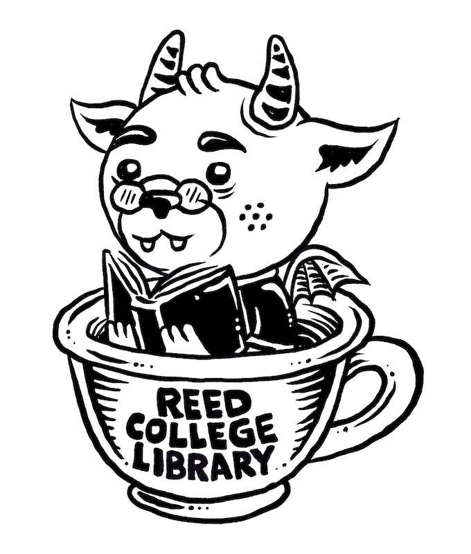a grotesque inside a teacup reading a book. The teacup has the words "Reed College Library".
