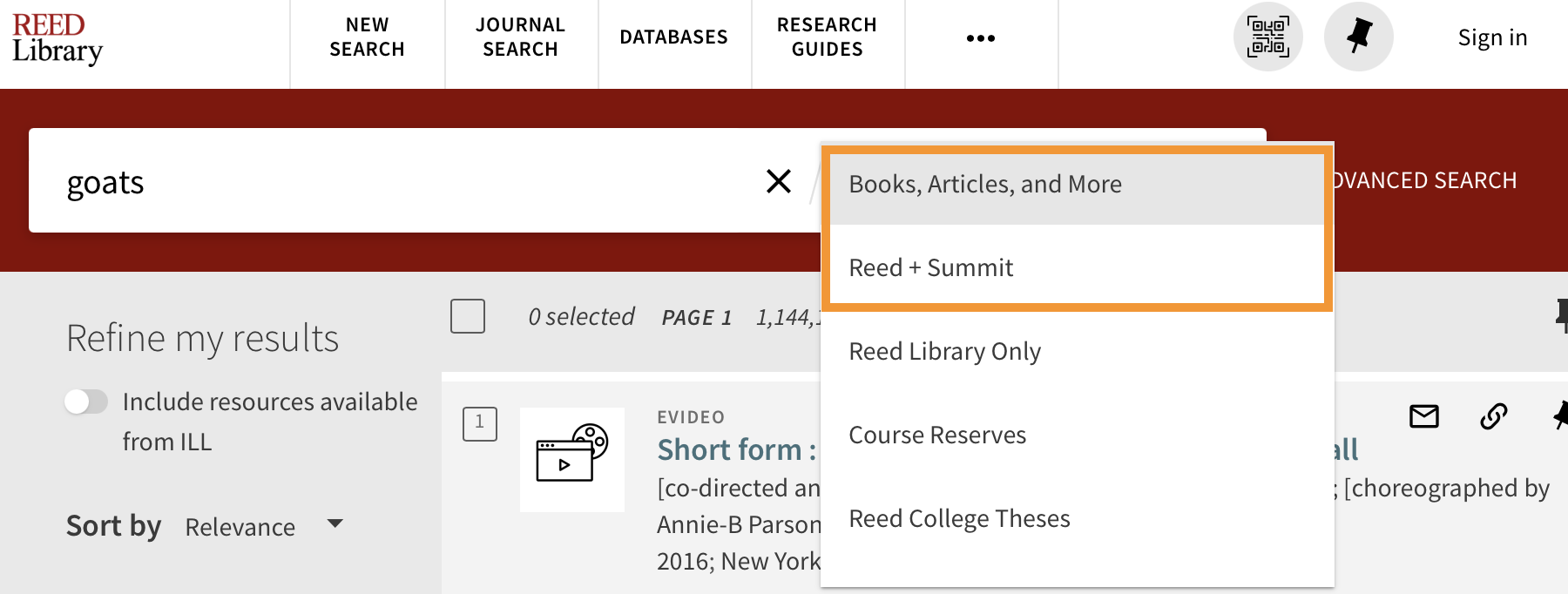 screenshot of Reed catalog search with "Books, Articles, and More&quot and Reed + Summit; dropdowns circled.