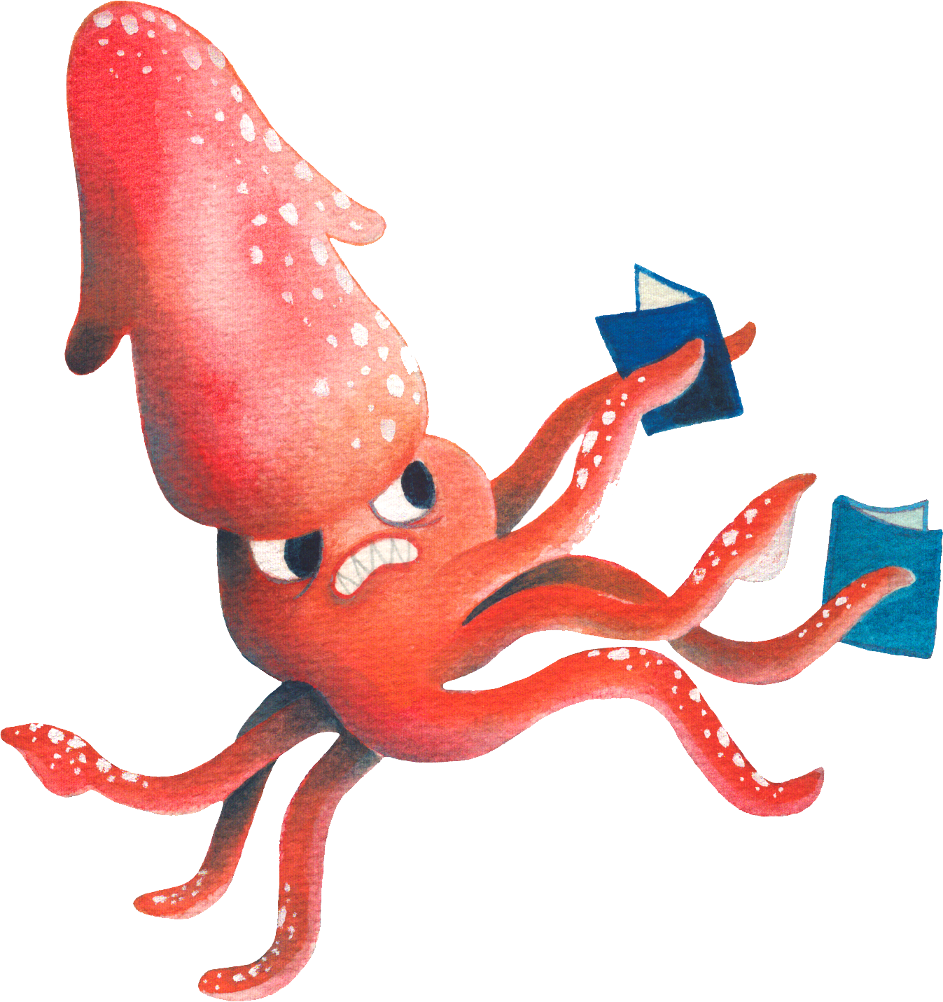 Angry red squid reading a zine with its tentacles